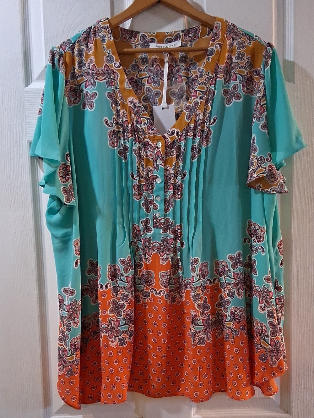 Rose & Olive Teal and Orange Floral Flutter Sleeve Tunic